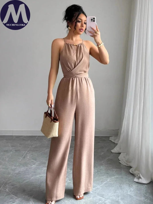 Woman Jumpsuits Elegant Summer Fold Off Shoulder Beads Jumpsuits Fashionable Slim Fit Belt Button High Waist Wide Legs Jumpsuits.