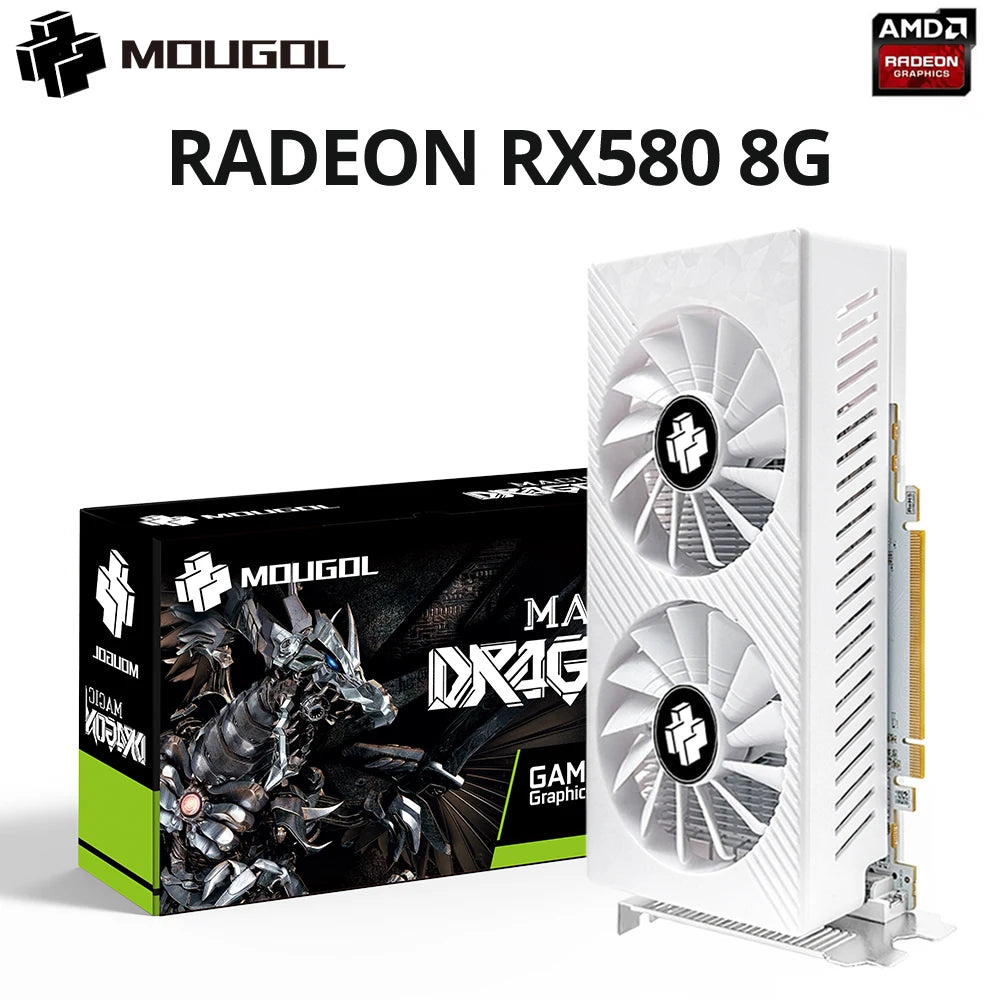 MOUGOL AMD Radeon RX580 8GB Graphics Card GDDR5 Memory 2048SP 256Bit PCI-E3.0x16 GPU DP DVI for Computer Gaming Video Card.