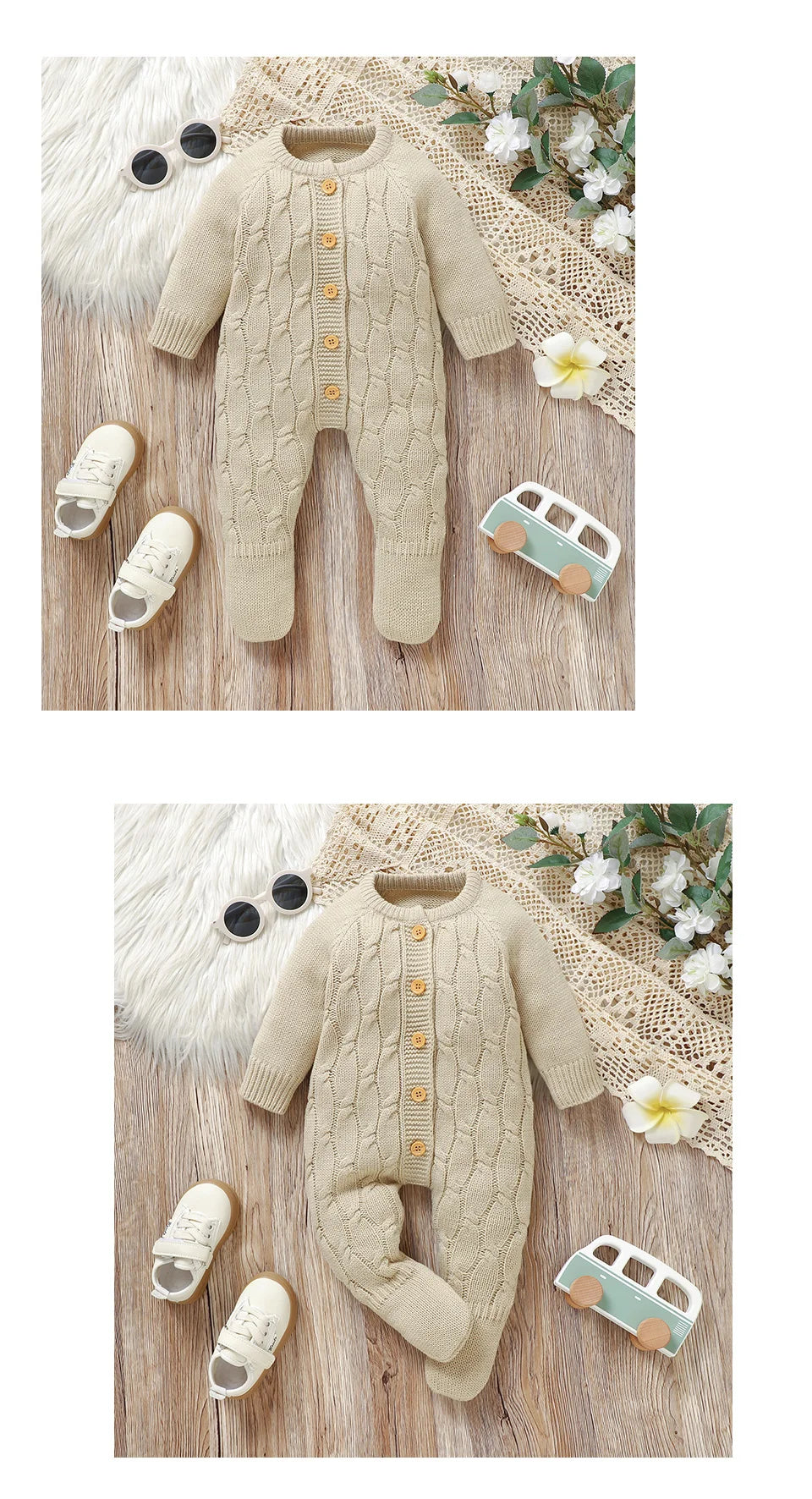Winter Baby Jungen Strampler Kleidung Beige Rundhals Volle Hülse Gestrickte Neugeborenen Pullover Overalls Einteilige Kleinkind Outfits.