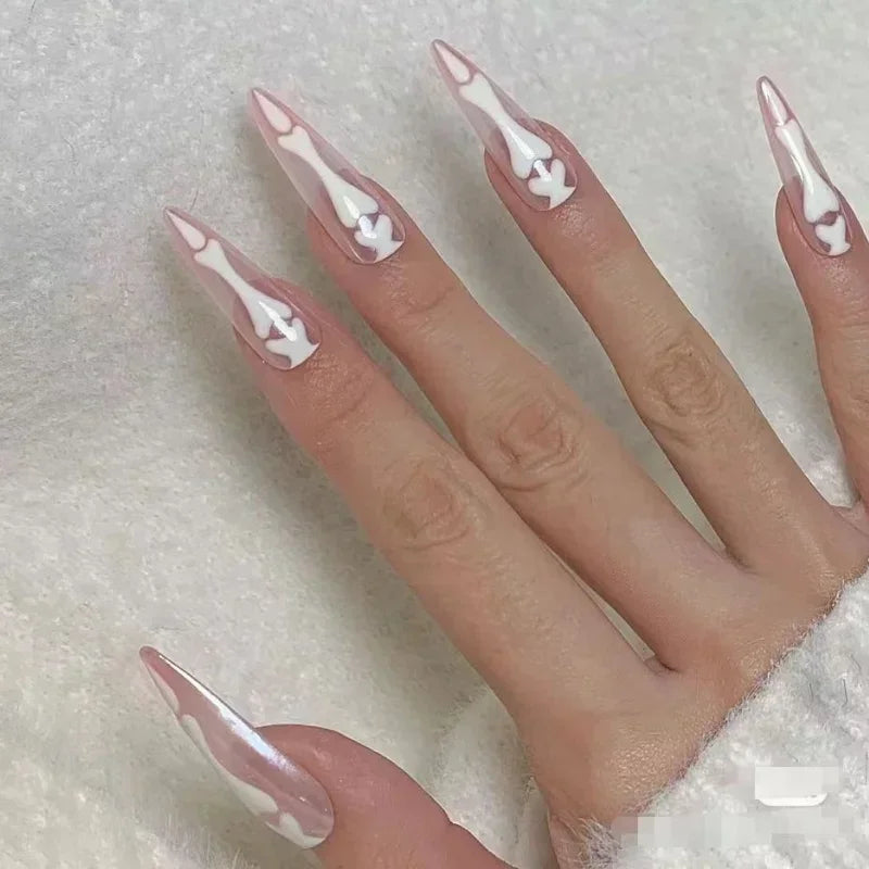 10pcs Halloween Goth Bone Press On Nail-Glossy Long Almond Shape False Nail Sweet and Cool Full Cover Design for Women and Girls.