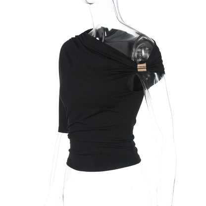 Cryptographic One Shoulder Asymmetrical Tops Summer Fashion Outfits Embellished Sexy Backless Solid Cropped Top Streetwear.