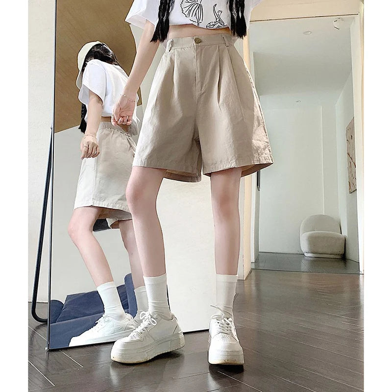 2025 Summer Women Casual Daily Khaki Short Pants Female High Waisted Cargo Shorts Girls Retro Baggy Wide Leg Slacks.