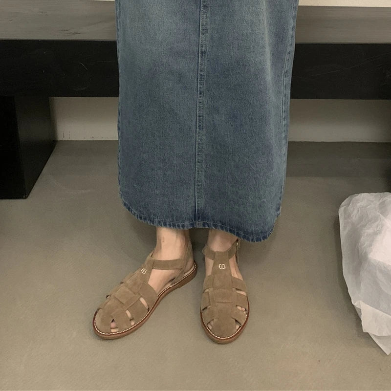 DIMANYU Women's Roman Sandals 2023 Summer New Flat Retro Real Leather Ladies Sandals Hollowed Women's Cage Shoes.