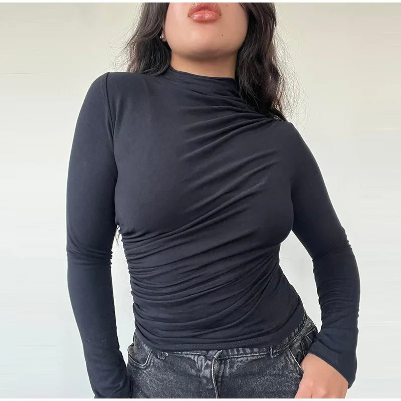Women Tees Sexy Turtleneck Long Sleeve Pleated All-match Basic Lady T-shirts 2025 Spring Autumn Fashion Chic Female Streetwears