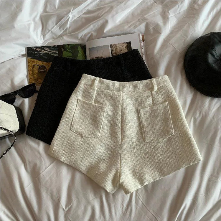 Fashion Tweed High Waist Women Shorts Autumn Winter Slim Office Woolen Black Shorts Women