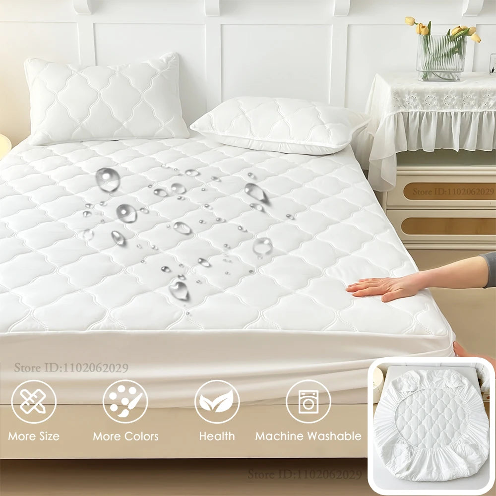 Waterproof Fitted Bed Sheets, Mattress Pads Soft Microfiber Breathable Bedspreads Cover Protector for Single/Double/King/Queen.