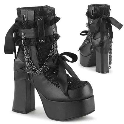 Gothic Style Chain Lace Up Bow Women Short Boots Retro Round Toe Square Heel Chunky Platform Ankle Boots Punk Ladies Party Shoes.