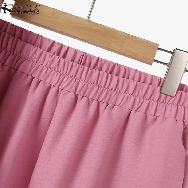 ZANZEA Women Elastic Waist Trouser 2pcs Tracksuit Muslim Fashion Long Sleeve Ruffles Tops Turkey Pant Sets Elegant Matching Sets.