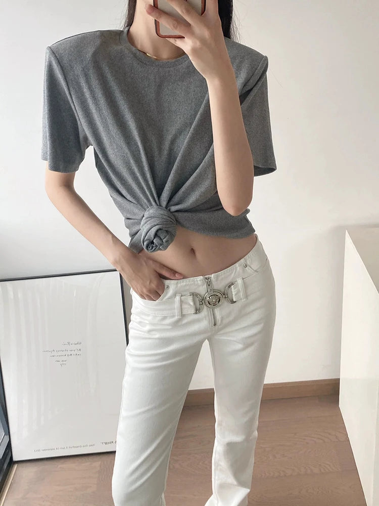 Y2K knotted twist knitted threaded round neck Top women fashionable and versatile navel padded shoulder short-sleeved T-shirt.