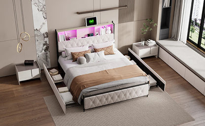 Lazyspace Bettgestell 160 x 200 cm, gepolstertes Bett mit Schubladen und 2 Ladeanschlüssen, Doppelbett mit LED-Kopfteil, ohne Matratze