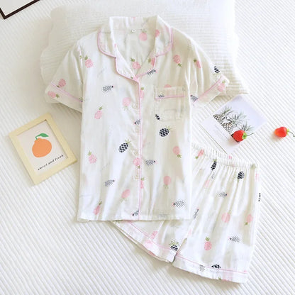 Japanische einfache kurze Pyjamas Frauen 100 % Baumwolle kurze Ärmel Damen Pyjama Sets Shorts süße Cartoon Nachtwäsche Frauen Homewear