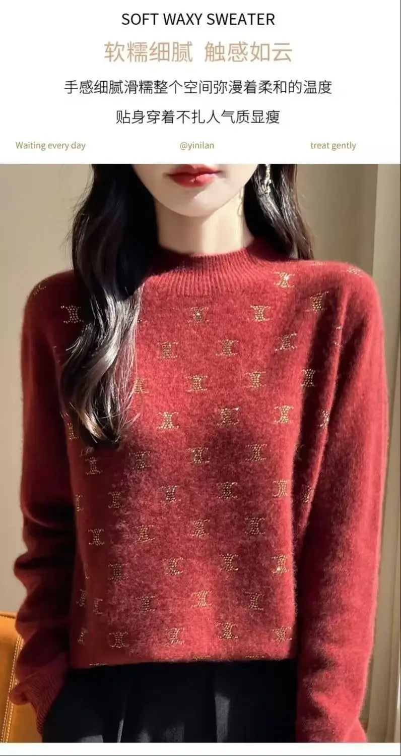 Temperament Fashion Autumn Winter New Sweaters Women Turtleneck Diamonds Long Sleeve Loose Pullovers Bottoming Shirt Knitted Top.