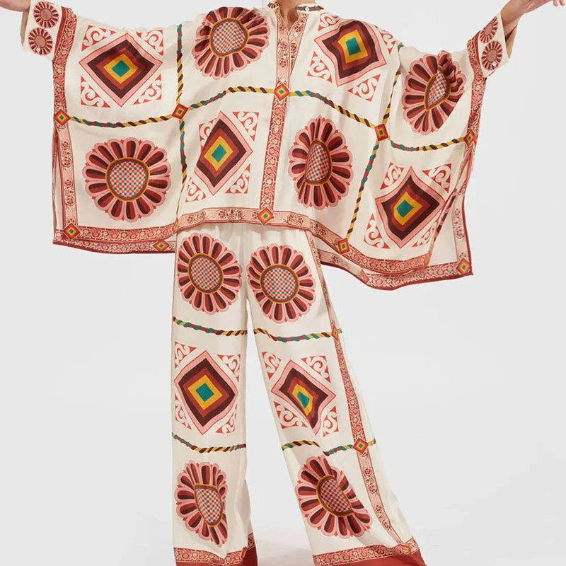 Retro Printed Loose Indie Folk Outfit Women Spring Stand Collar Button Irregular Top+Pant Set Fall Batwing Long Sleeve 2pcs Suit