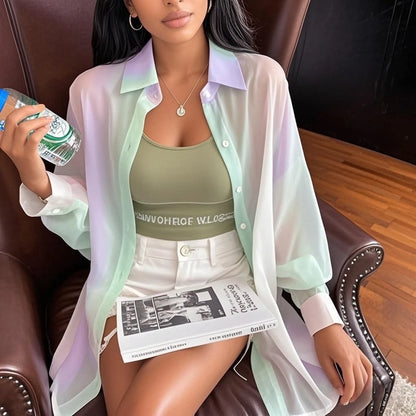 See-through Irregular Gradient Rainbow Long Sleeved Shirt And Blouses Thin For Women Clothes Loose Top Pink Casual Fashion Trend.