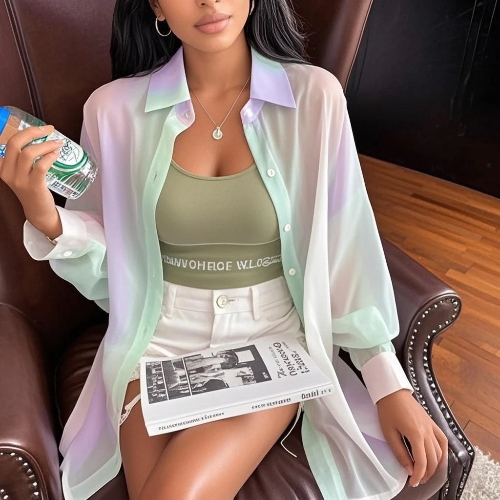 Irregular Gradient Rainbow Long Sleeved Shirt And Blouses Thin Youthful Women's Clothing Loose Top Pink Casual Transparent New.