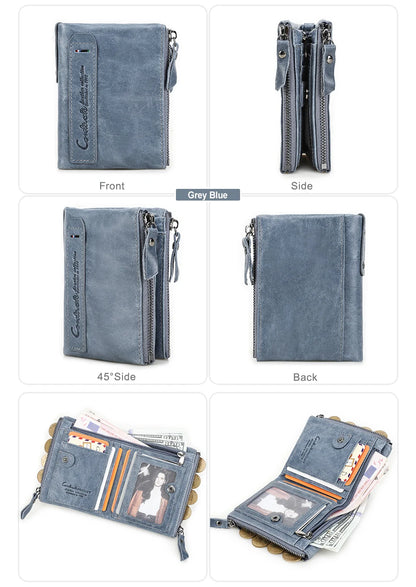 Fashion Genuine Leather Women Wallet Bi-fold Wallets Red ID Card Holder Coin Purse With Double Zipper Small Women's Purse 2022