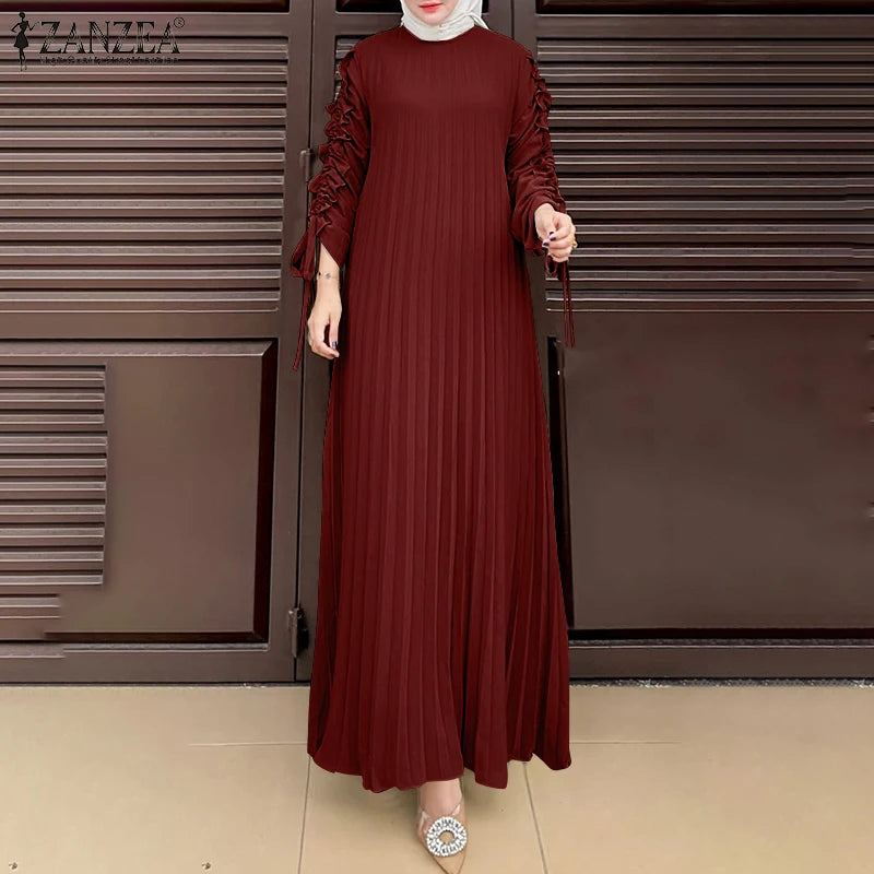 Muslim Hijab Dresses Abaya ZANZEA Spring Maxi Sundress Women Fashion Long Sleeve Pleated Party Dress IsIamic Clothing Robe Femme.