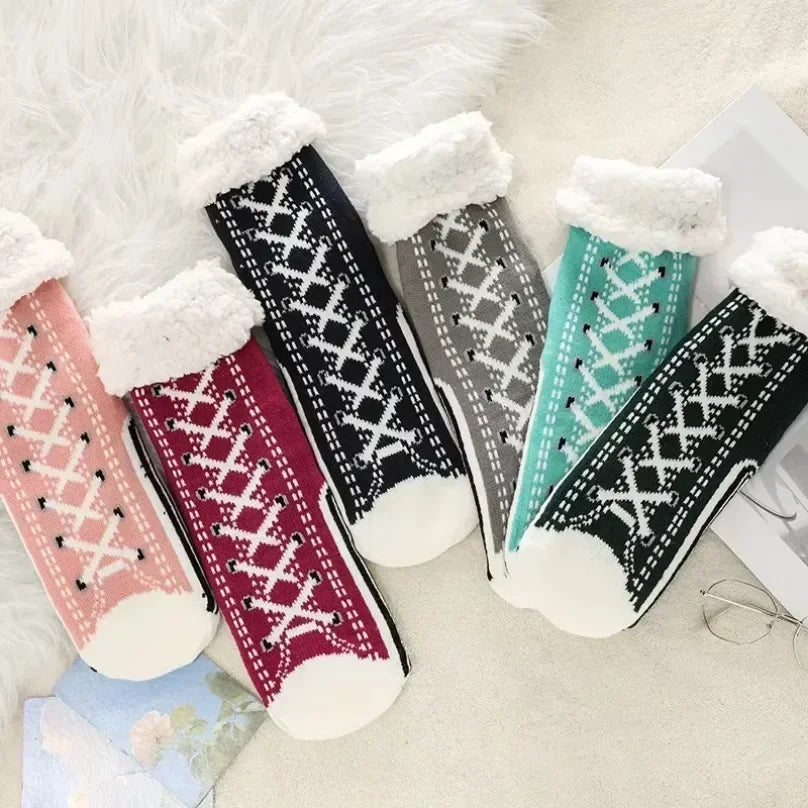 Fuzzy Fluffy Sock Women Winter Christmas Gift Warm Plush Non slip Home Sleeping Soft Female Floor Thermal Slipper Sock Snowflake.
