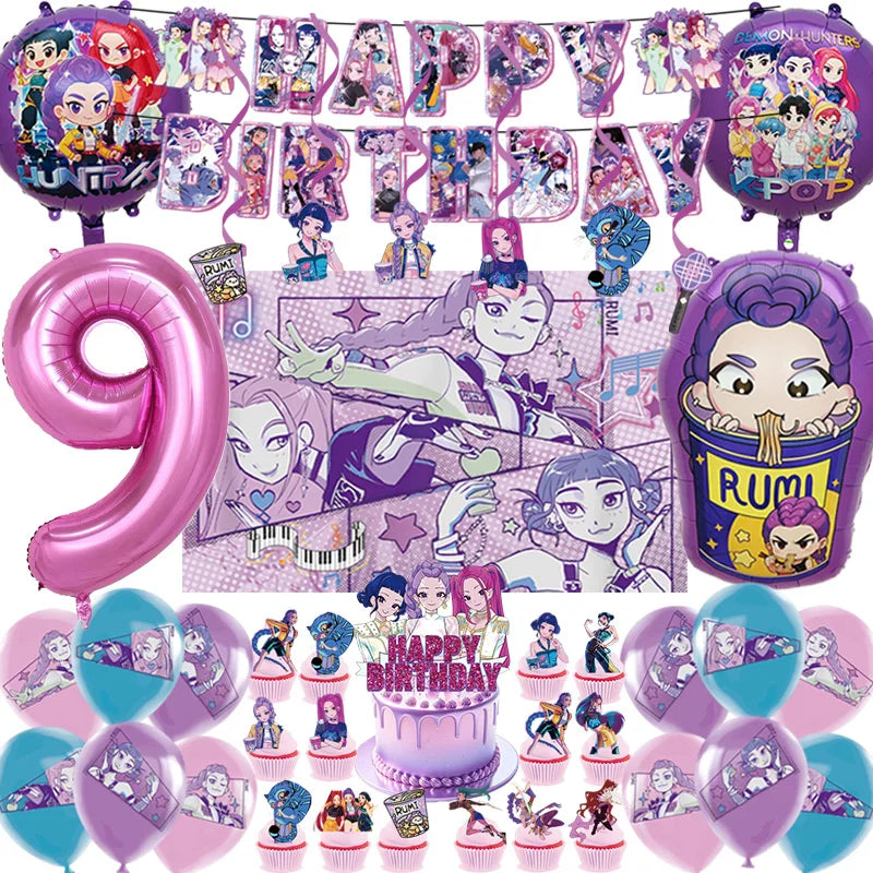 K Pop Dämonenjäger Party Ballon Kind Mädchen Alles Gute zum Geburtstag Party Dekoration Set 1-9. Nummer Ballon Banner Hintergrund Babyparty.