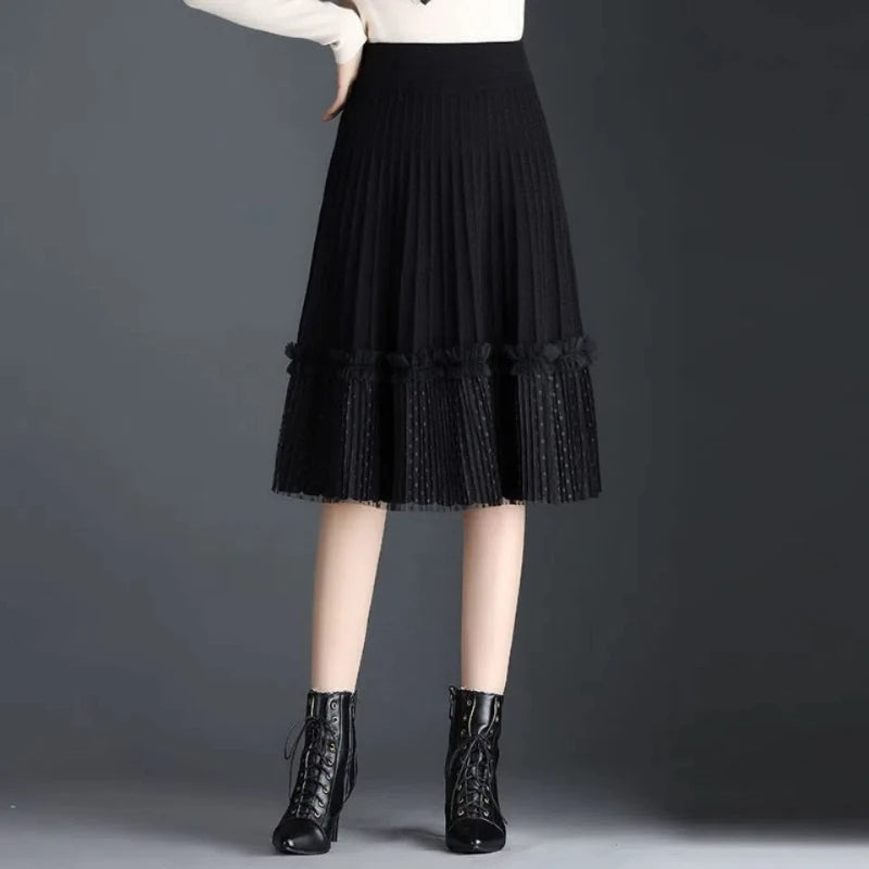 Korean Fashion Autumn Winter Women Solid Elastic High Waist Lace Patchwork Simplicity Mid-length A-line Pleated Knitted Skirt.