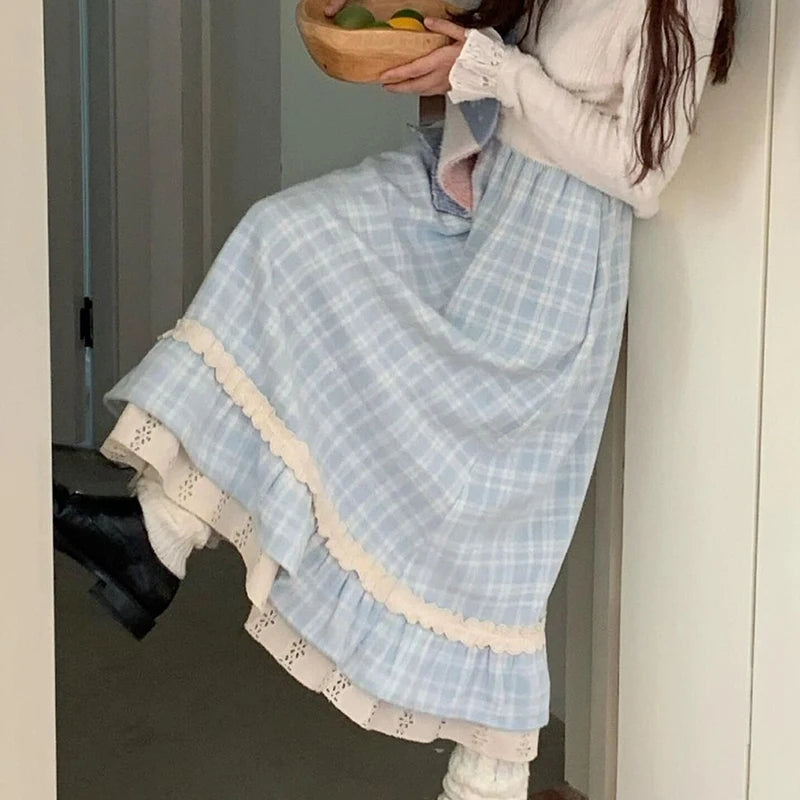 Japanese Sweet Long Skirt Women Fall Winter Blue Plaid Vintage Preppy Patchwork Skirts High Waist A Line Loose Casual Cute Skirt.