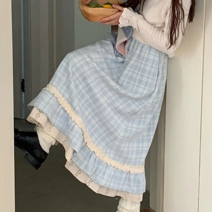 Japanese Sweet Long Skirt Women Fall Winter Blue Plaid Vintage Preppy Patchwork Skirts High Waist A Line Loose Casual Cute Skirt.