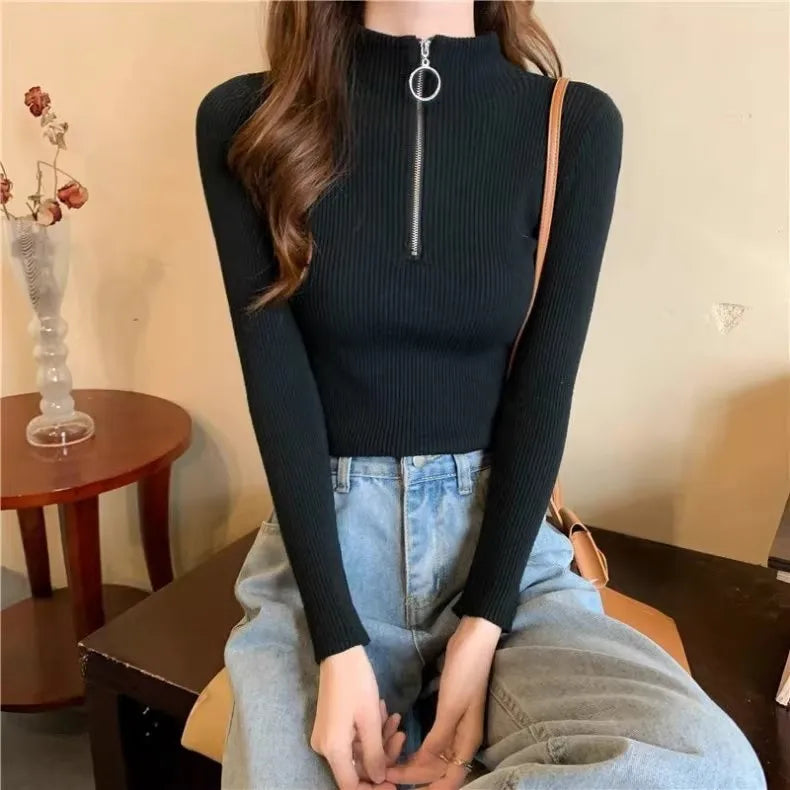 Spring Autumn Skinny Elastic Knitted Shirt Women Pullover Sweater Tops Female Long Sleeve Slim Mock Neck Knit Bottoming Shirts.
