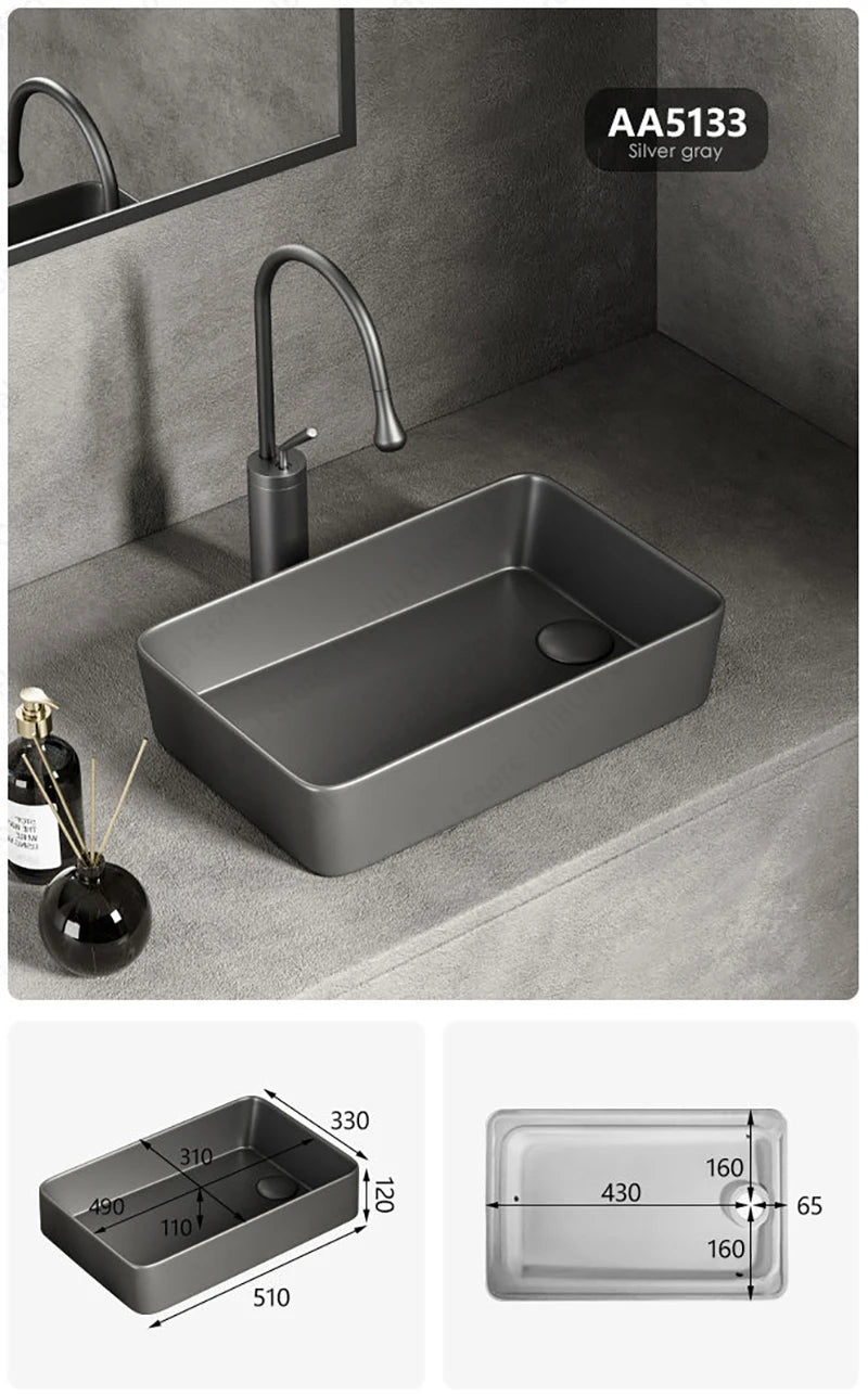 Rechteckiges silbergraues Porzellan-Keramikgefäßwaschbecken über der Theke, Toilette, Badezimmer-Schminktisch, Waschbecken, glasiertes weißes Waschbecken