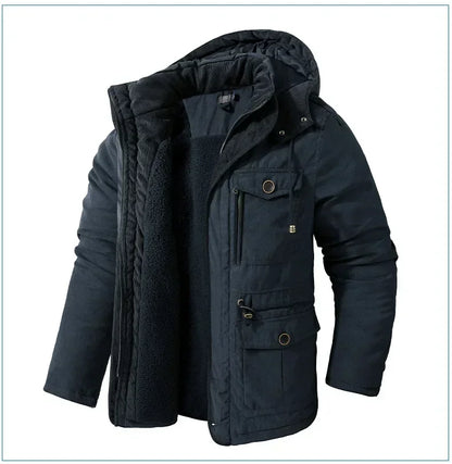 Men's Jacket WINTER USA SIZE Large SIZE Lamb Fleece JACKETS Hooded Cotton Thickened Multi Pocket Casual Mid length Coat