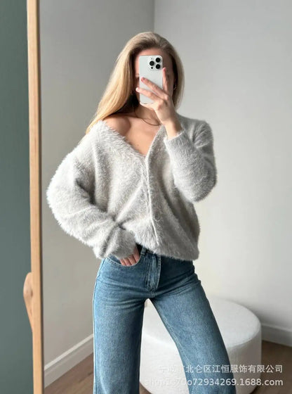 Women New Knitted Thick Cashmere Wool Cardigan Chic V Neck Single Breasted Fashion Long Sleeve Sweater Fall Winter Coat Outwear.