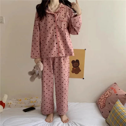 M-XXL Large Size Nightwear Women Sleepwear Autumn and Winter Cardigan Home Wear Peach Heart Long Sleeves School Silk Pajamas