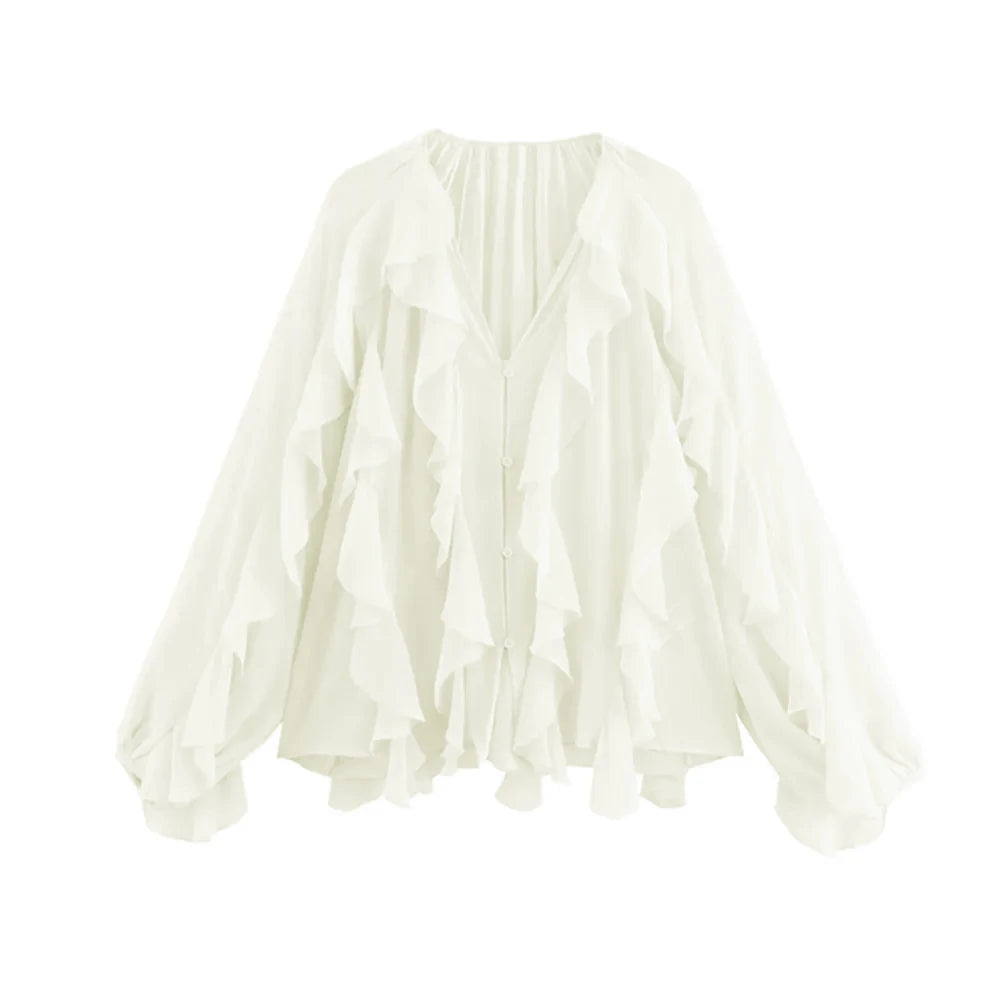 Women Fashion With Ruffles Semi-sheer Blouses V Neck Long Sleeve Button-up Female Shirts Chic Tops.