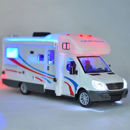 1:28 Diecast Luxury RV Recreational Vehicle Car Model Metal Camper Van Motorhome Touring Car Model Sound and Light Kids Toy Gift.