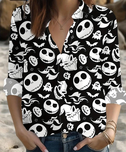 Women's Halloween skull shirt gothic style top button front shirt suitable for party wear casual wear.