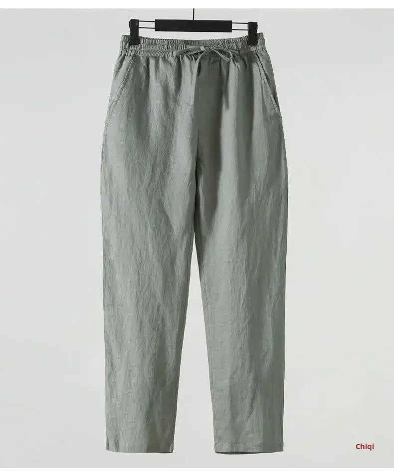 Casual Men's Linen Pants Loose Fit Cotton Linen 3/4 Length Pants Chinese Style Men's Material.