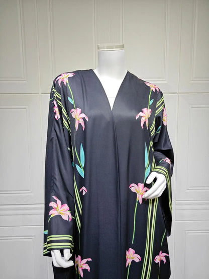 Uni Islamic Clothing Modest Abaya Women Muslim Dress Front Open Printed Abaya 2025 With Hijab Scarf Two Piece Set for Summer.