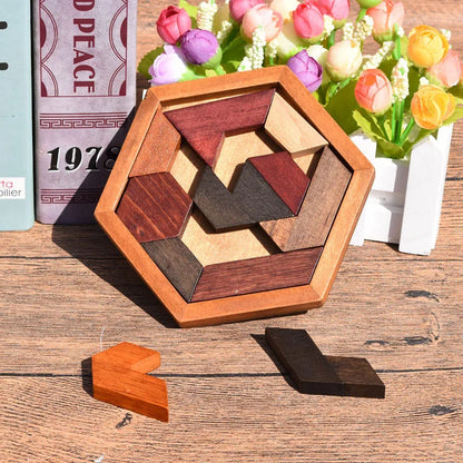 Classical Hexagon Tangram Puzzle Wooden Brain Teasers For Kids Logic Thinking Games Casse Tete Rompecabezas De Madera.