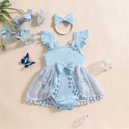 0-18M Kleinkind Baby Mädchen Sommer Strampler Kleid Nette Rüschen Ärmellose Square Neck Blume Body mit Stirnband Set neugeborene Kleidung