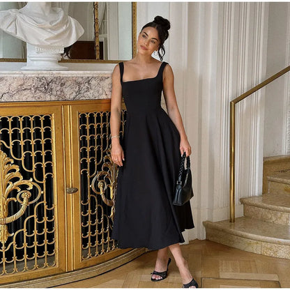 Schwarzes A-Linien-Langkleid für Damen, elegant, quadratischer Ausschnitt, plissiert, ärmellos, Sling-Maxikleider, 2025, Sommer-Dame, Urlaub, Party, Roben