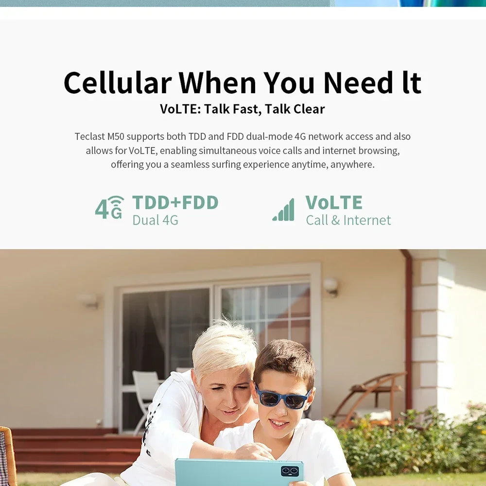 Teclast M50 Tablet 6GB RAM 128GB ROM Unisoc T606 Octa-core 10.1inch TDDI Android 14 WiFi BT5.0 6000mAh Type-C Tablet Case