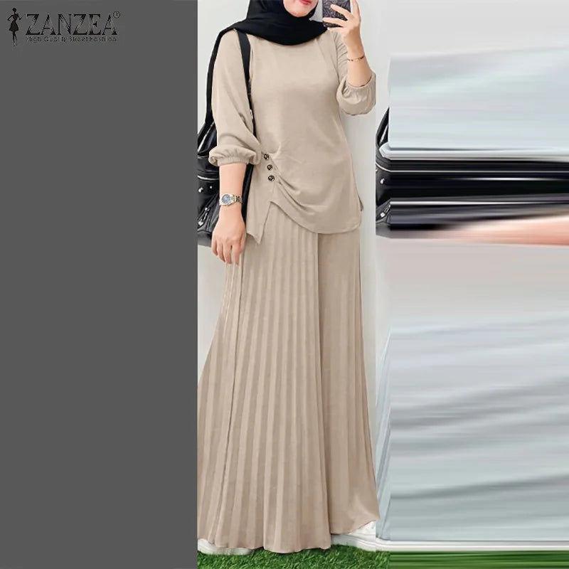 ZANZEA Muslim Sets Fashion 2pcs Women Long Sleeve Blouse Wide Leg Pant Sets Causal Spring Solid Work Outfits Islamic Clothing.
