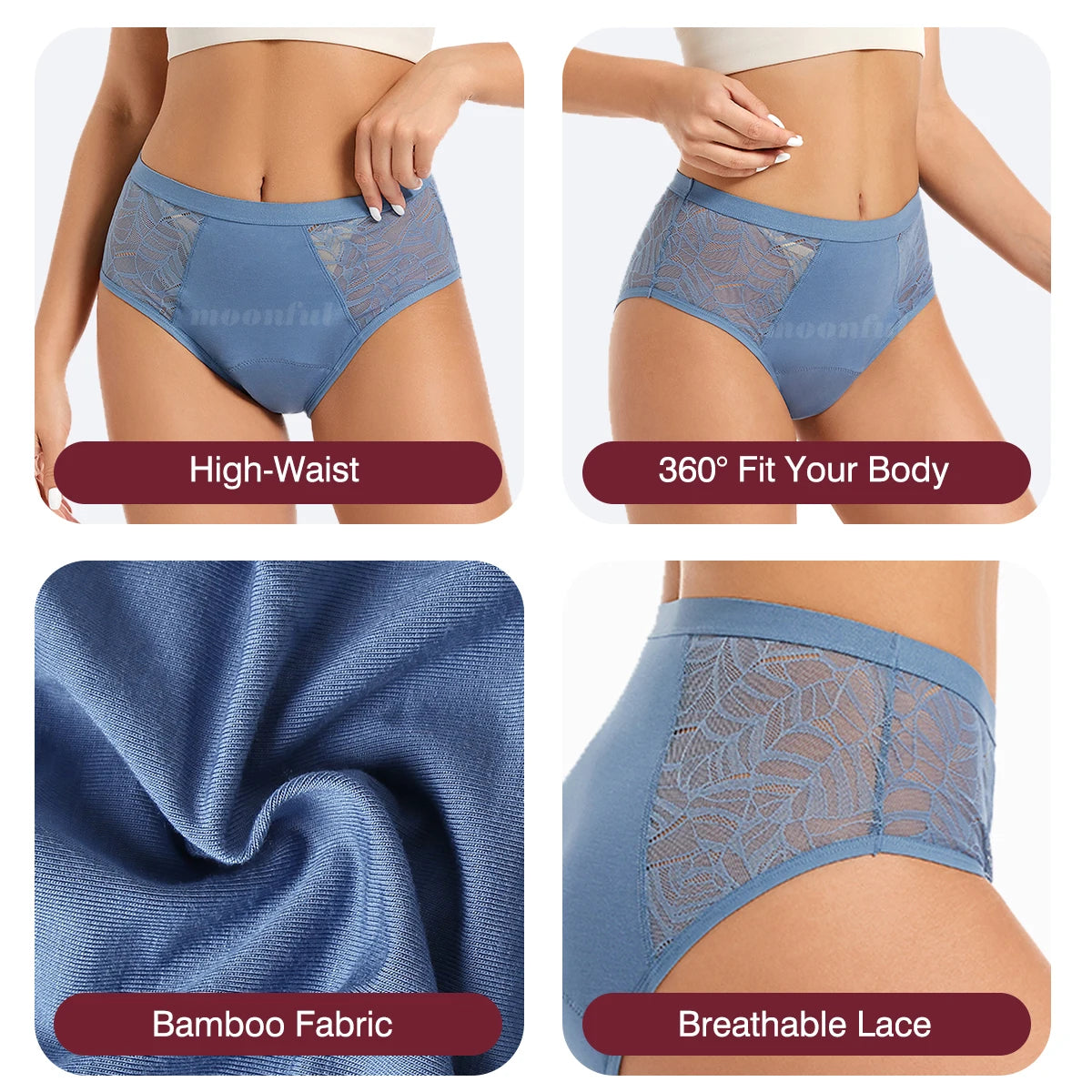 Moonful Women's Menstrual Panties High Waist Leak Proof 4 Layer Breathable Lace Period Underwear Girls Absorbent Brief.