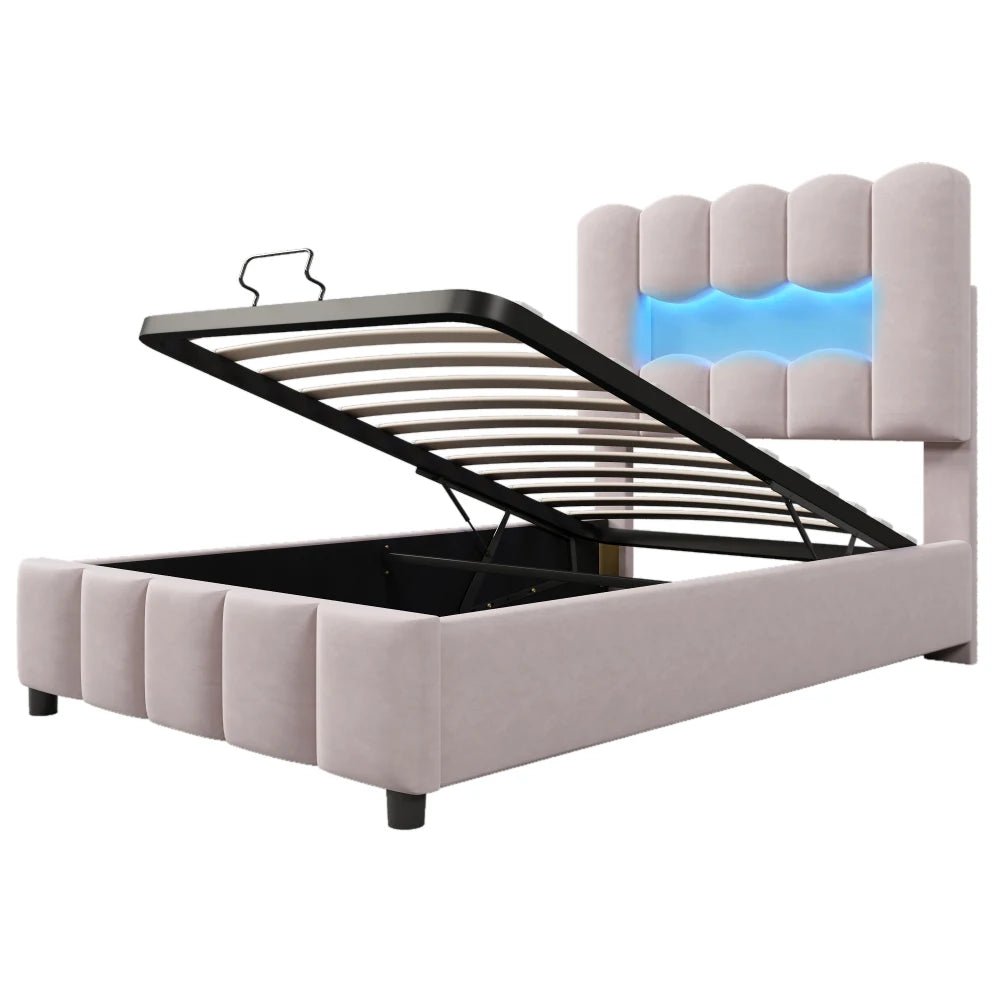 Modernes Polsterbett, 90 x 200 cm, ohne Matratze, LED-Beleuchtung, mit hydraulischem Gerät, verstellbarer Kopfteil, Samt, Grau