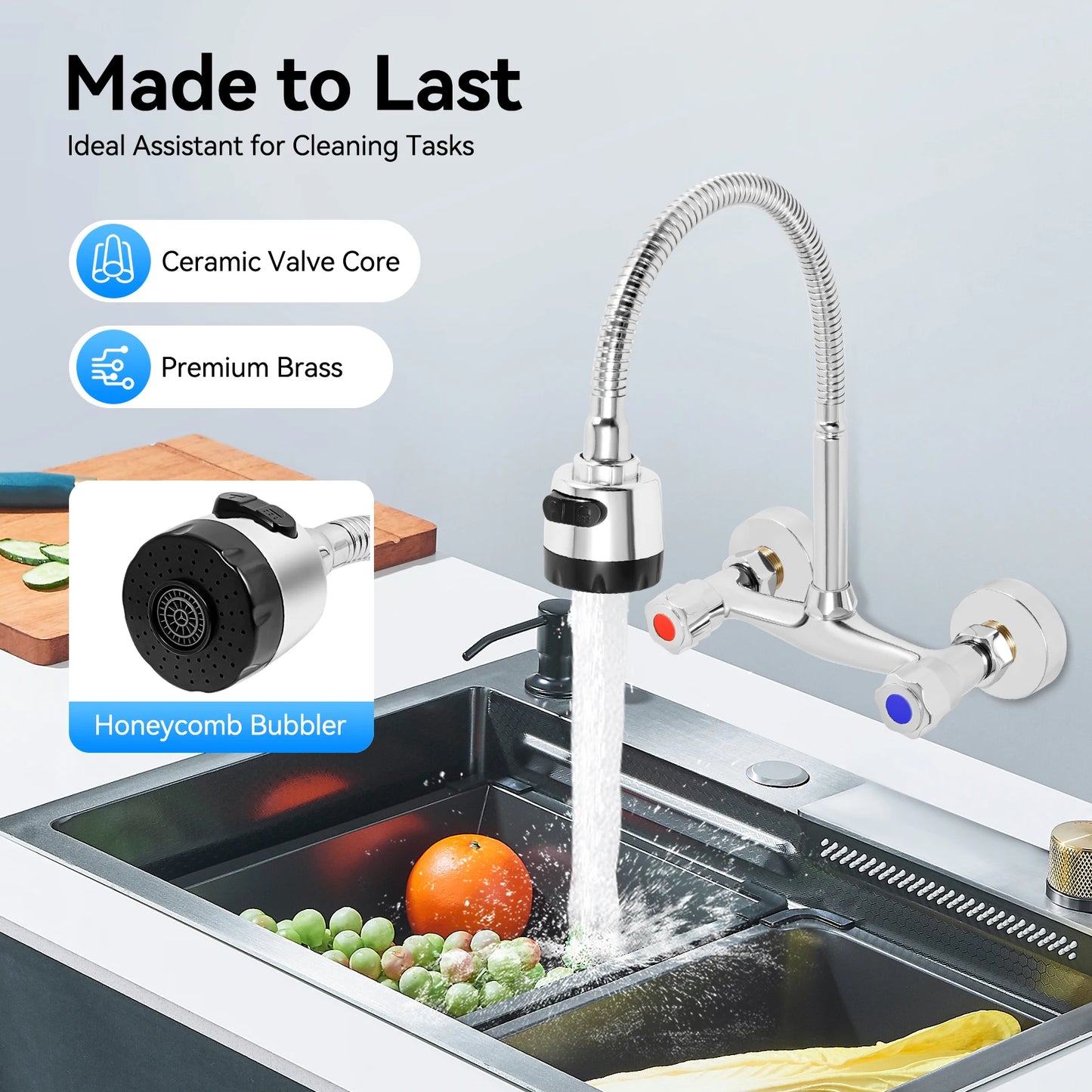 Wall-Mounted Brass Faucet, Hot&Cold Water with 360° Rotating Hose Flexible Cleaning Made to Last for Bathroom Kitchen