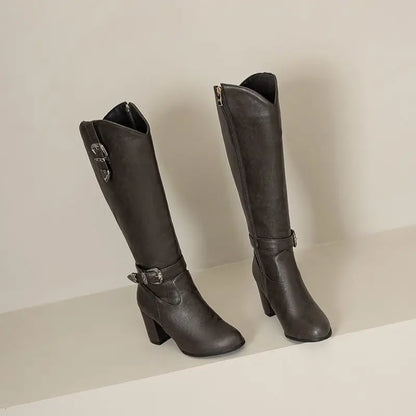 Girseaby British Style Women Knee High Boots Round Toe Block Heel 7.5cm Zipper Plus Size 51 52 Fashion Riding Bota