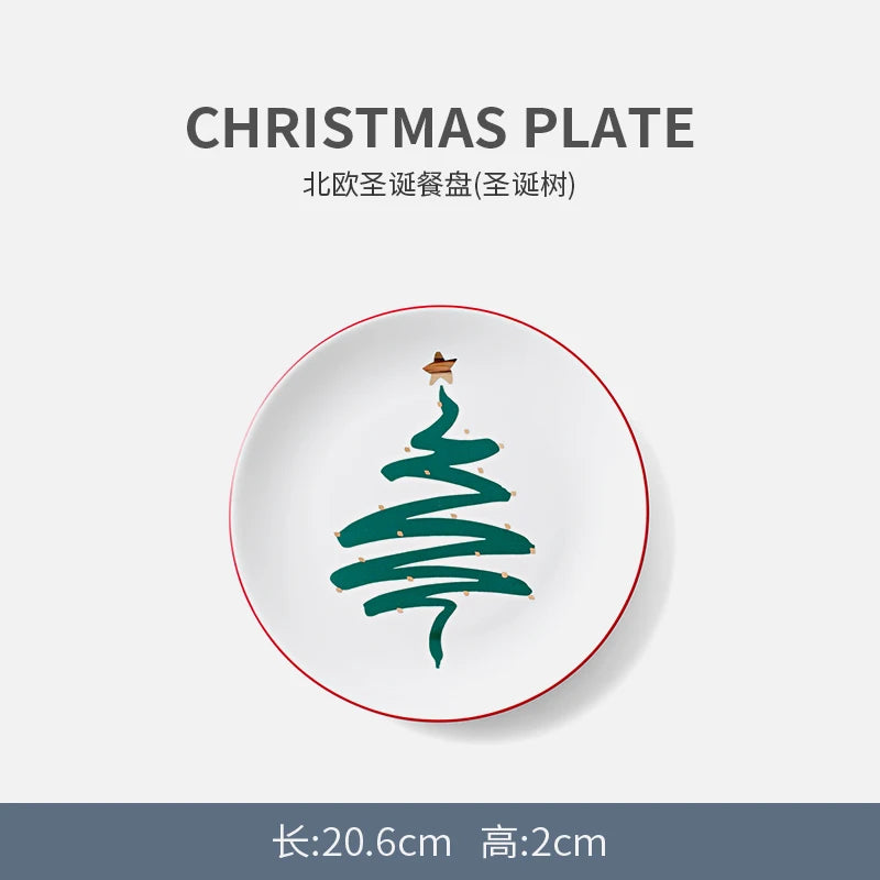 1pc Merry Christmas Ceramic Dinner Dish Plate Set Mug Dessert Cake Pastry Fruit Serving Plate Decorative Tableware