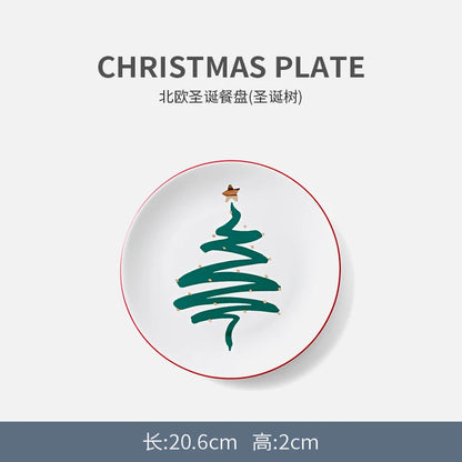 1pc Merry Christmas Ceramic Dinner Dish Plate Set Mug Dessert Cake Pastry Fruit Serving Plate Decorative Tableware