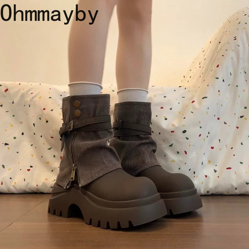 Winter Punk Style Women Ankle Boots Fashion Belt Buckle Shoes Ladies Concise Chunky Platform Heel Short Booties Zapatos De Mujer.