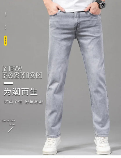 Summer Thin Men's Elastic Cotton Jeans Fashion Gray Comfortable Business Straight Casual Pants Brand Male Clothes Trousers.
