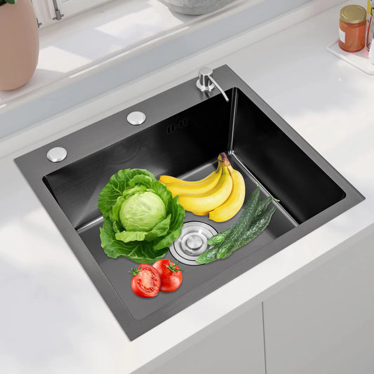 BYMAOCAR Waschbecken, mattschwarz (50 x 45 cm), Küchenspüle aus Edelstahl mit Seifenspender, integriertes Waschbecken mit Abfluss und Rohr